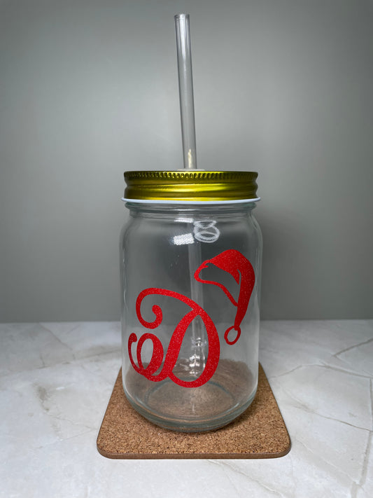 Santa Hat Initial Drinking Jar