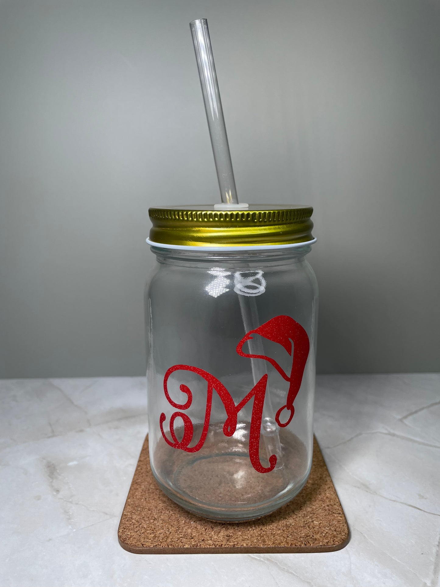 Santa Hat Initial Drinking Jar